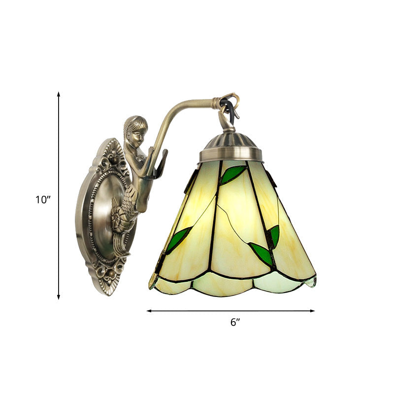 Lisslune | 1 Head Cone-shaped Wall Sconces Lighting Mission White/Beige Glass Wall-mounted Light Set with Mermaid Backplate