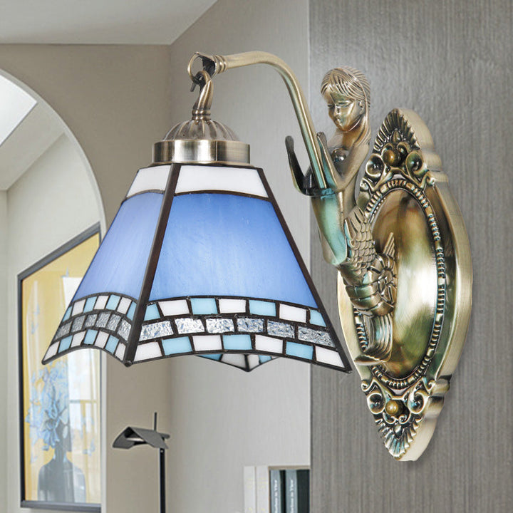 Lisslune | Trapeze Wall Lamp Mission Blue Cut Glass 1-Light Bronze Wall Mount Lamp with Mermaid Arm
