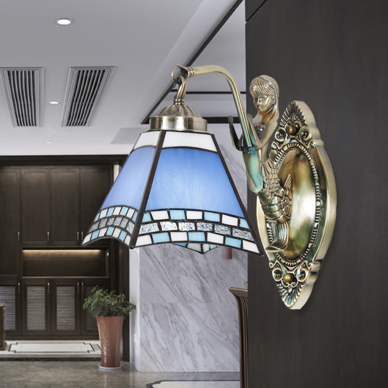 Lisslune | Trapeze Wall Lamp Mission Blue Cut Glass 1-Light Bronze Wall Mount Lamp with Mermaid Arm