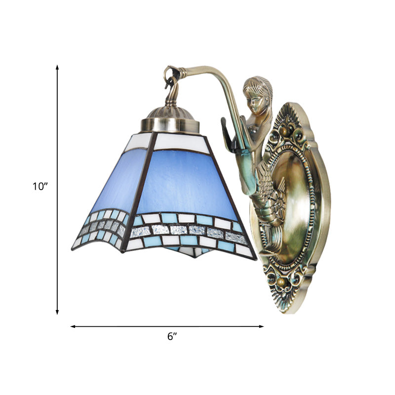 Lisslune | Trapeze Wall Lamp Mission Blue Cut Glass 1-Light Bronze Wall Mount Lamp with Mermaid Arm