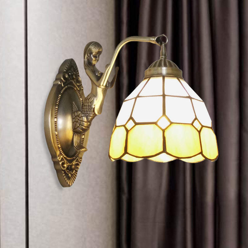 Lisslune | 1 Bulb Living Room Wall Mounted Light Baroque Bronze Mermaid Wall Lamp with Grid Dome Dark/Richtersky Blue and White Glass Shade