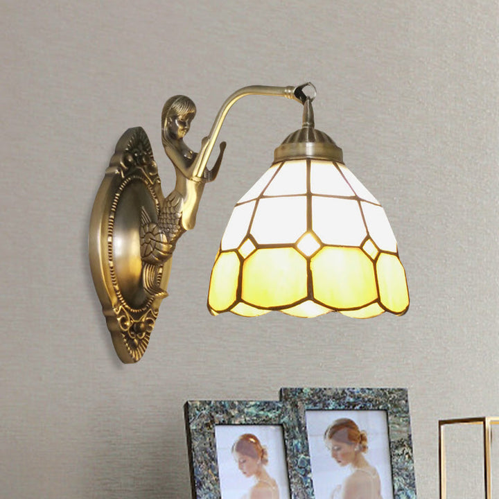 Lisslune | 1 Bulb Living Room Wall Mounted Light Baroque Bronze Mermaid Wall Lamp with Grid Dome Dark/Richtersky Blue and White Glass Shade