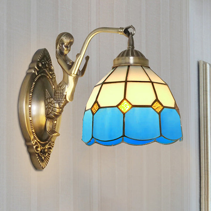 Lisslune | 1 Bulb Living Room Wall Mounted Light Baroque Bronze Mermaid Wall Lamp with Grid Dome Dark/Richtersky Blue and White Glass Shade