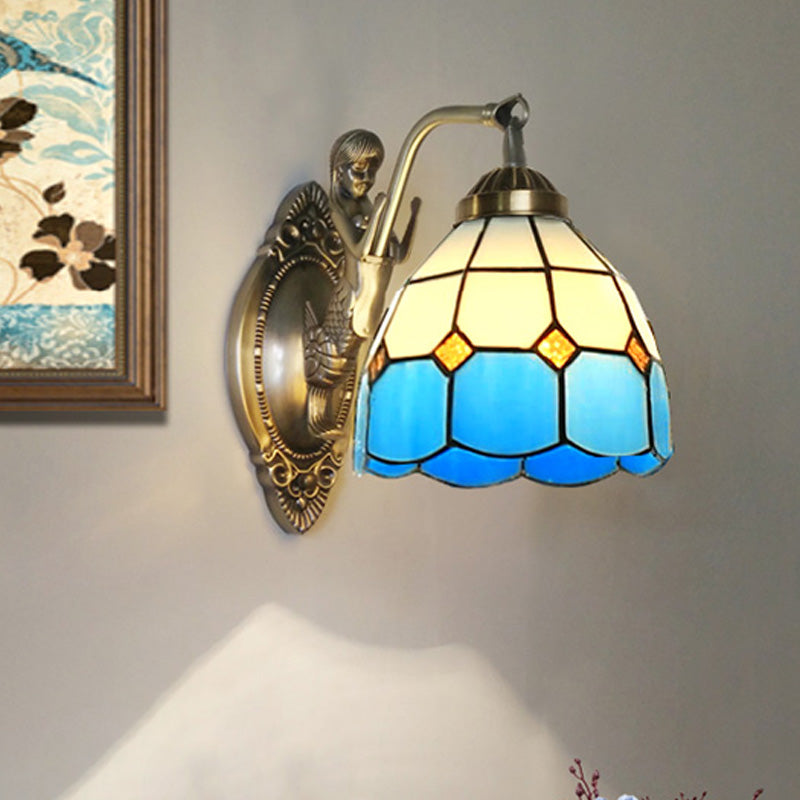 Lisslune | 1 Bulb Living Room Wall Mounted Light Baroque Bronze Mermaid Wall Lamp with Grid Dome Dark/Richtersky Blue and White Glass Shade