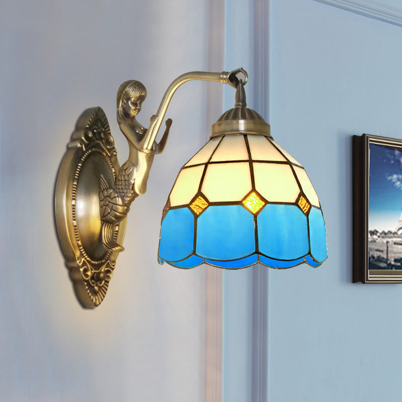Lisslune | 1 Bulb Living Room Wall Mounted Light Baroque Bronze Mermaid Wall Lamp with Grid Dome Dark/Richtersky Blue and White Glass Shade