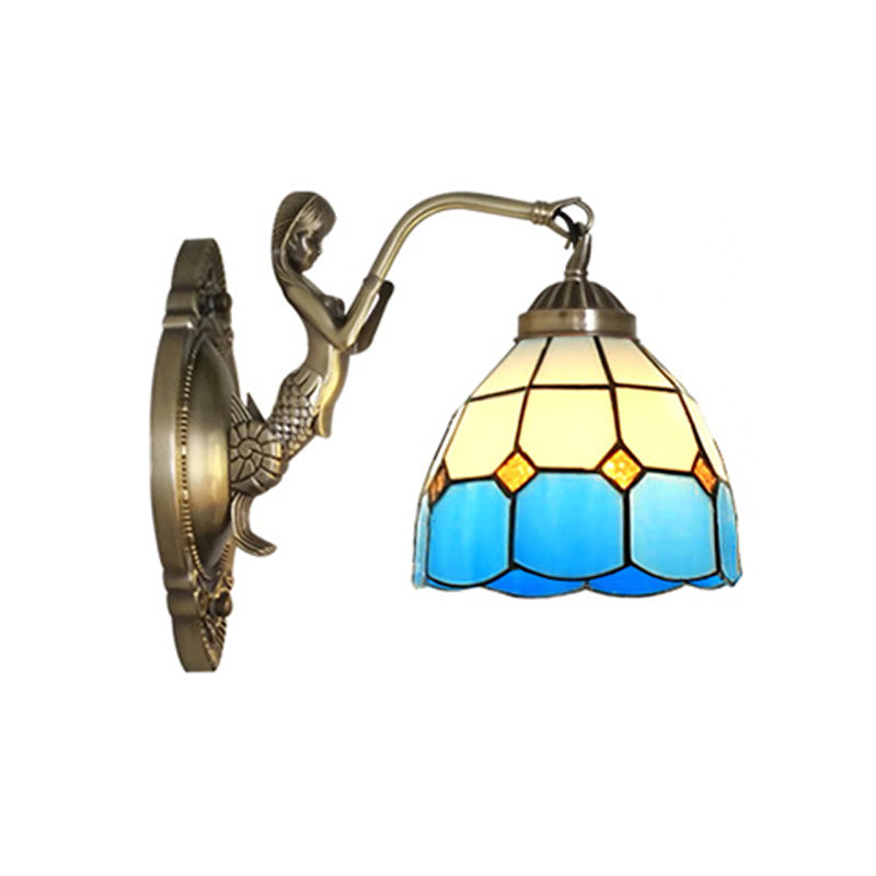 Lisslune | 1 Bulb Living Room Wall Mounted Light Baroque Bronze Mermaid Wall Lamp with Grid Dome Dark/Richtersky Blue and White Glass Shade