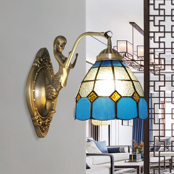 Lisslune | 1 Bulb Living Room Wall Mounted Light Baroque Bronze Mermaid Wall Lamp with Grid Dome Dark/Richtersky Blue and White Glass Shade