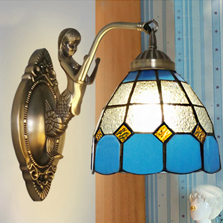 Lisslune | 1 Bulb Living Room Wall Mounted Light Baroque Bronze Mermaid Wall Lamp with Grid Dome Dark/Richtersky Blue and White Glass Shade
