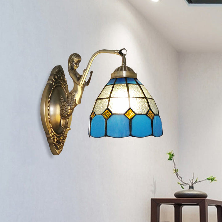 Lisslune | 1 Bulb Living Room Wall Mounted Light Baroque Bronze Mermaid Wall Lamp with Grid Dome Dark/Richtersky Blue and White Glass Shade