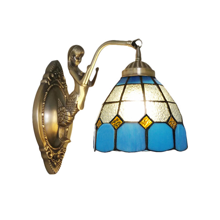 Lisslune | 1 Bulb Living Room Wall Mounted Light Baroque Bronze Mermaid Wall Lamp with Grid Dome Dark/Richtersky Blue and White Glass Shade
