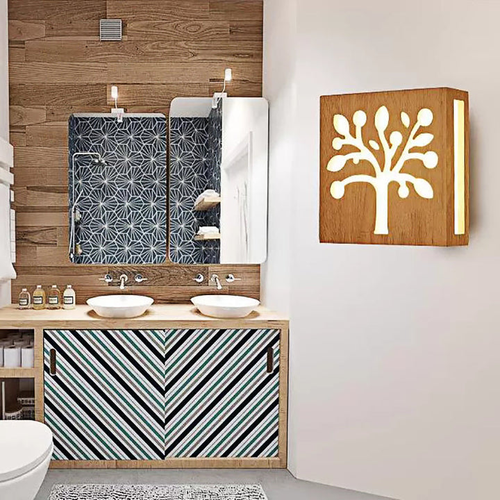 Skørter | Beige Square Wall Lamp with Tree Children's Wooden Wall Lamp with Warm Lighting for Children's Room