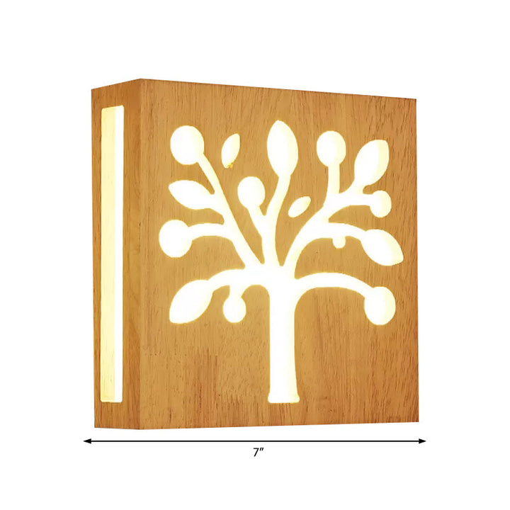 Skørter | Beige Square Wall Lamp with Tree Children's Wooden Wall Lamp with Warm Lighting for Children's Room