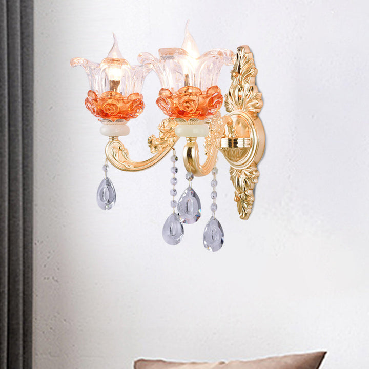 Skørter | Classic Candle Holder Wall Lamp 2 Lights Crystal Wall Light with Carved Arm and Backplate in Pink/Yellow/Orange