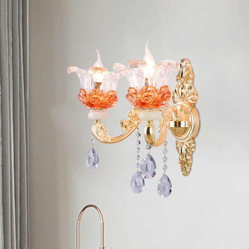 Skørter | Classic Candle Holder Wall Lamp 2 Lights Crystal Wall Light with Carved Arm and Backplate in Pink/Yellow/Orange