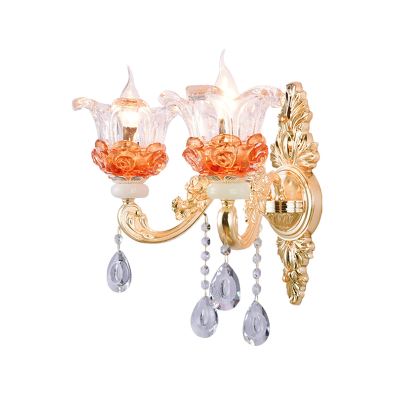 Skørter | Classic Candle Holder Wall Lamp 2 Lights Crystal Wall Light with Carved Arm and Backplate in Pink/Yellow/Orange