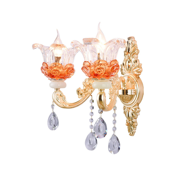 Skørter | Classic Candle Holder Wall Lamp 2 Lights Crystal Wall Light with Carved Arm and Backplate in Pink/Yellow/Orange