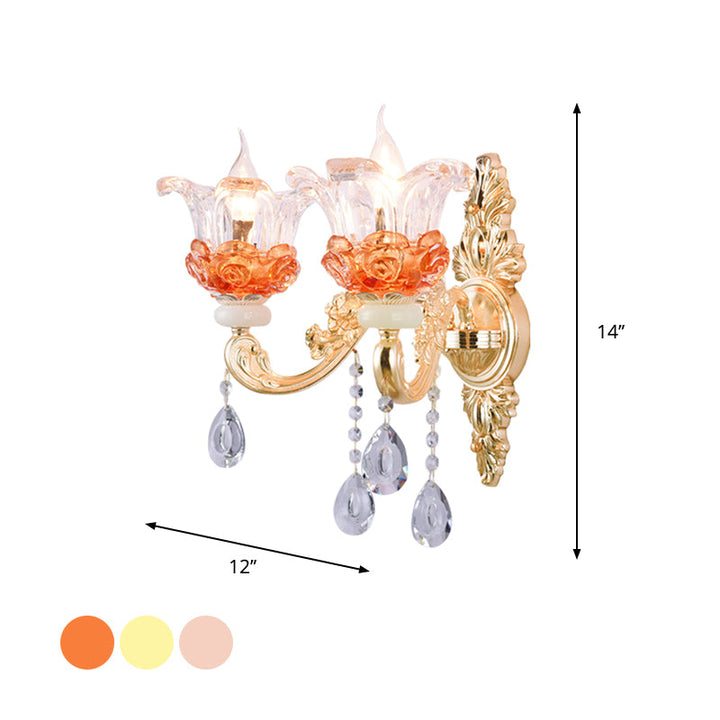 Skørter | Classic Candle Holder Wall Lamp 2 Lights Crystal Wall Light with Carved Arm and Backplate in Pink/Yellow/Orange