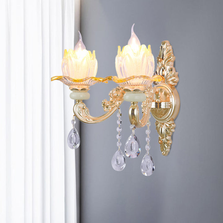 Skørter | Classic Candle Holder Wall Lamp 2 Lights Crystal Wall Light with Carved Arm and Backplate in Pink/Yellow/Orange