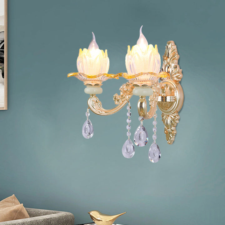 Skørter | Classic Candle Holder Wall Lamp 2 Lights Crystal Wall Light with Carved Arm and Backplate in Pink/Yellow/Orange