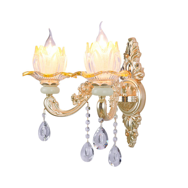 Skørter | Classic Candle Holder Wall Lamp 2 Lights Crystal Wall Light with Carved Arm and Backplate in Pink/Yellow/Orange