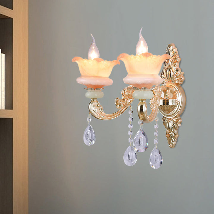 Skørter | Classic Candle Holder Wall Lamp 2 Lights Crystal Wall Light with Carved Arm and Backplate in Pink/Yellow/Orange