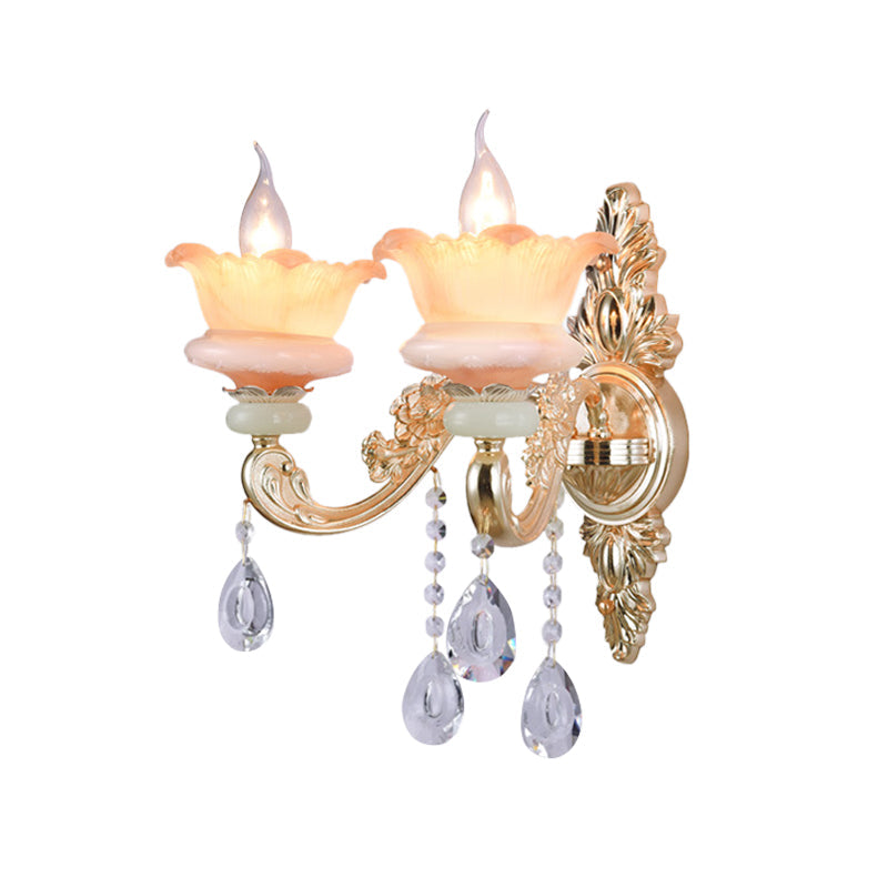 Skørter | Classic Candle Holder Wall Lamp 2 Lights Crystal Wall Light with Carved Arm and Backplate in Pink/Yellow/Orange