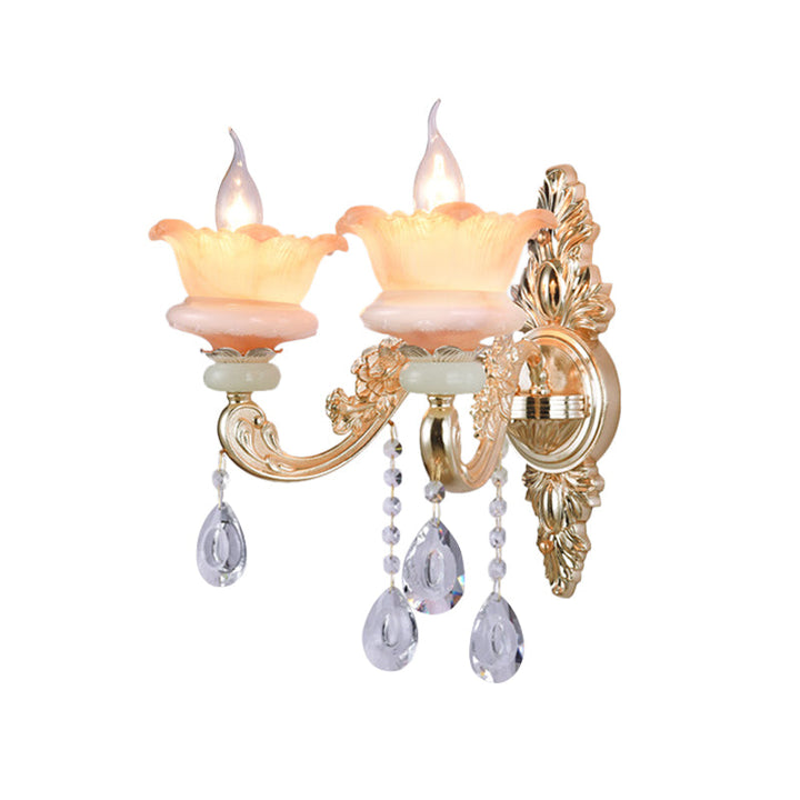 Skørter | Classic Candle Holder Wall Lamp 2 Lights Crystal Wall Light with Carved Arm and Backplate in Pink/Yellow/Orange