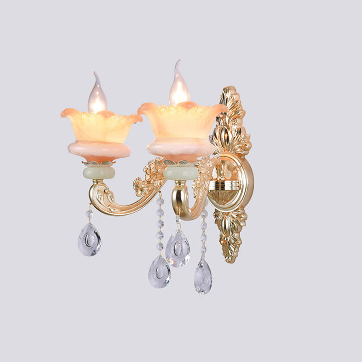Skørter | Classic Candle Holder Wall Lamp 2 Lights Crystal Wall Light with Carved Arm and Backplate in Pink/Yellow/Orange
