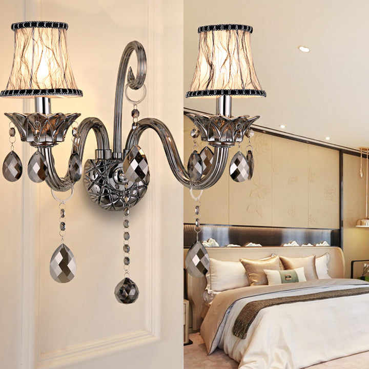 Skørter | Smoke gray crystal bell wall lamp retro 1/2-bulb living room wall lamp with fabric shade