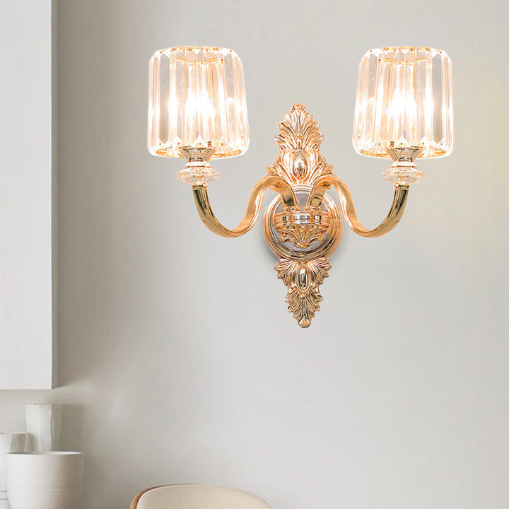 Skørter | 2-Lamps Wall Lamp Retro Cylinder Crystal Block Wall Lighting in Gold with Engraved Back Plate