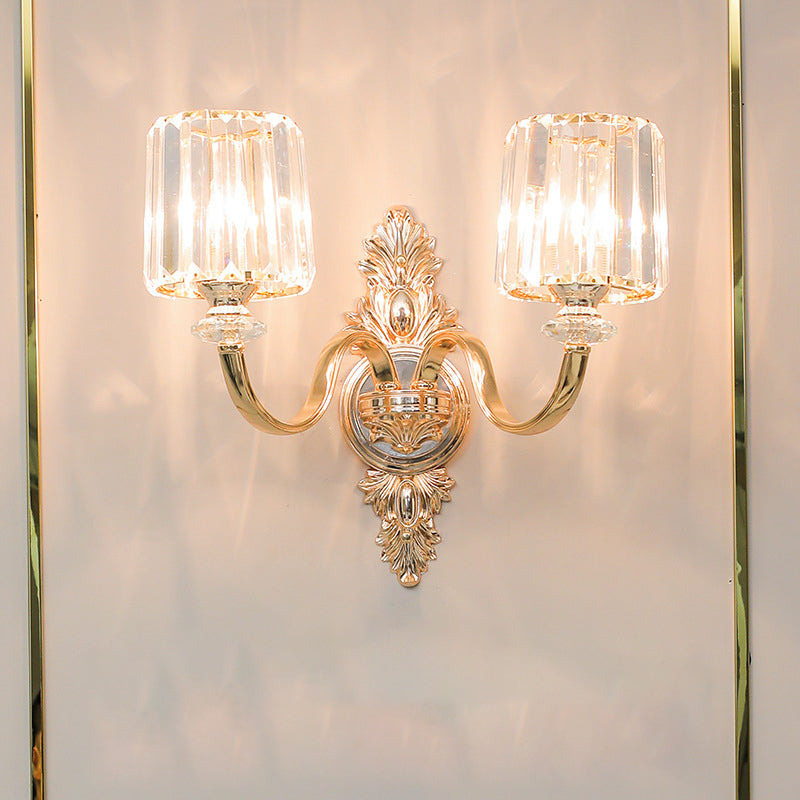 Skørter | 2-Lamps Wall Lamp Retro Cylinder Crystal Block Wall Lighting in Gold with Engraved Back Plate
