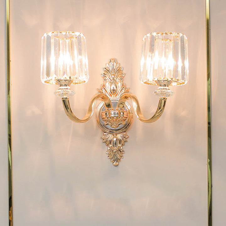 Skørter | 2-Lamps Wall Lamp Retro Cylinder Crystal Block Wall Lighting in Gold with Engraved Back Plate