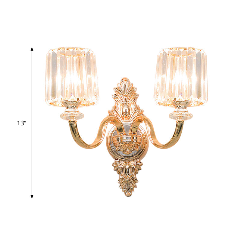 Skørter | 2-Lamps Wall Lamp Retro Cylinder Crystal Block Wall Lighting in Gold with Engraved Back Plate