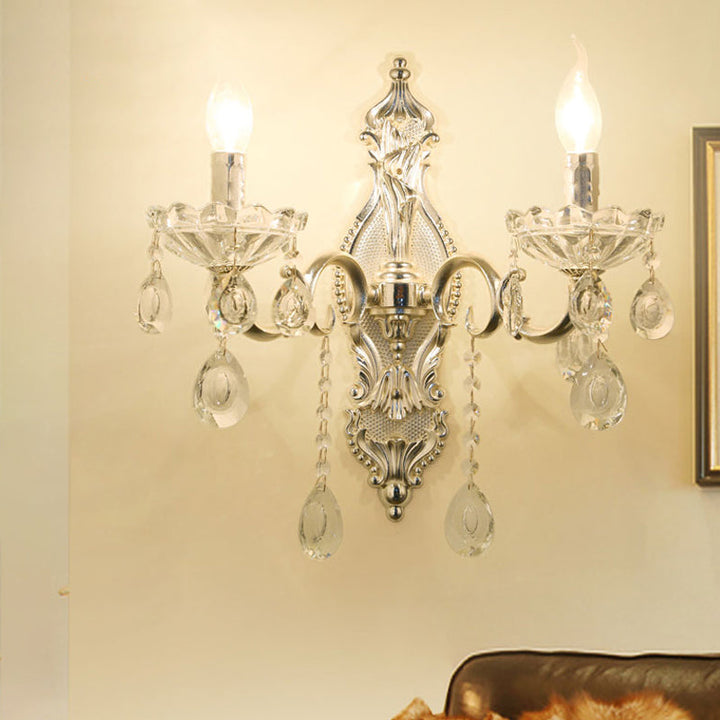 Skørter | Silver 2-Light Wall Light Traditional Faceted Crystal Candle Holder Wall-Mounted Light Fixture