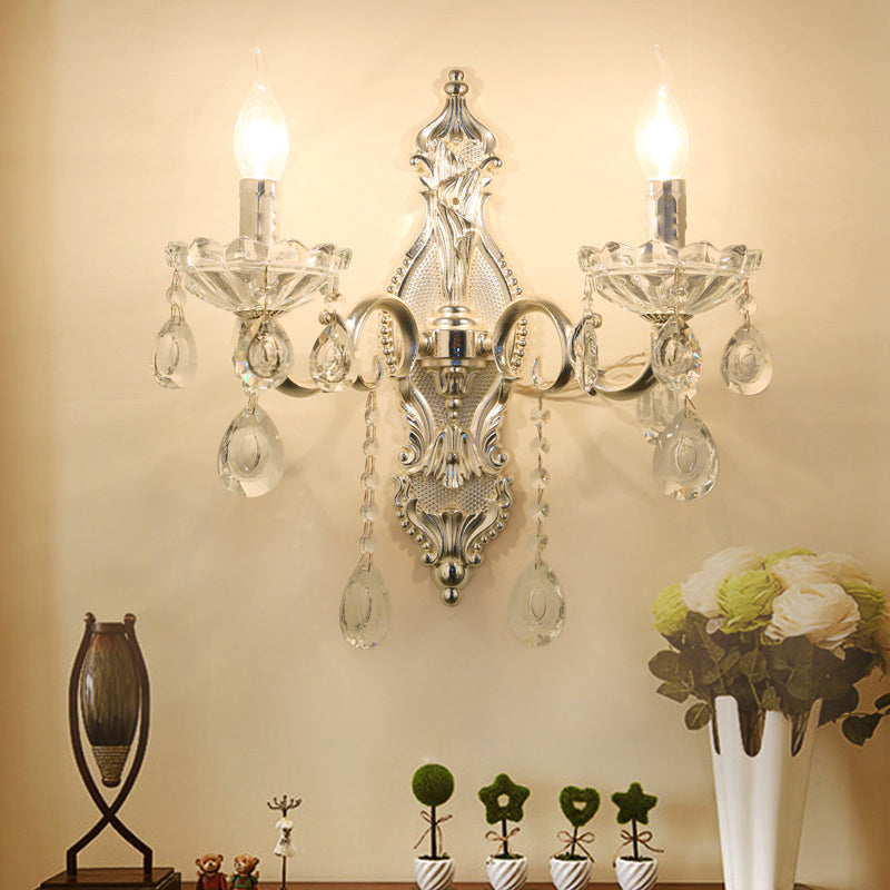 Skørter | Silver 2-Light Wall Light Traditional Faceted Crystal Candle Holder Wall-Mounted Light Fixture