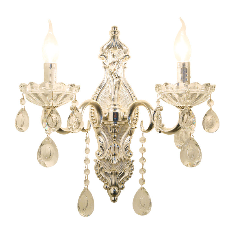 Skørter | Silver 2-Light Wall Light Traditional Faceted Crystal Candle Holder Wall-Mounted Light Fixture