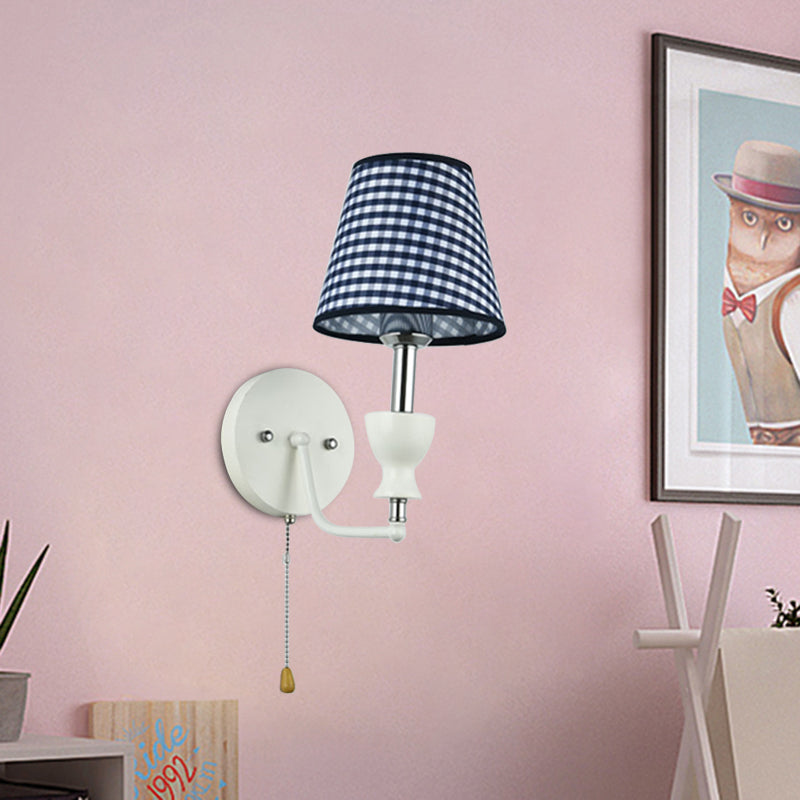 Skørter | Modernism Barrel Wall Light Fabric 1-Head Bedroom Wall Lamp in Dark Blue with Pull Chain