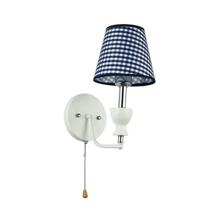 Skørter | Modernism Barrel Wall Light Fabric 1-Head Bedroom Wall Lamp in Dark Blue with Pull Chain