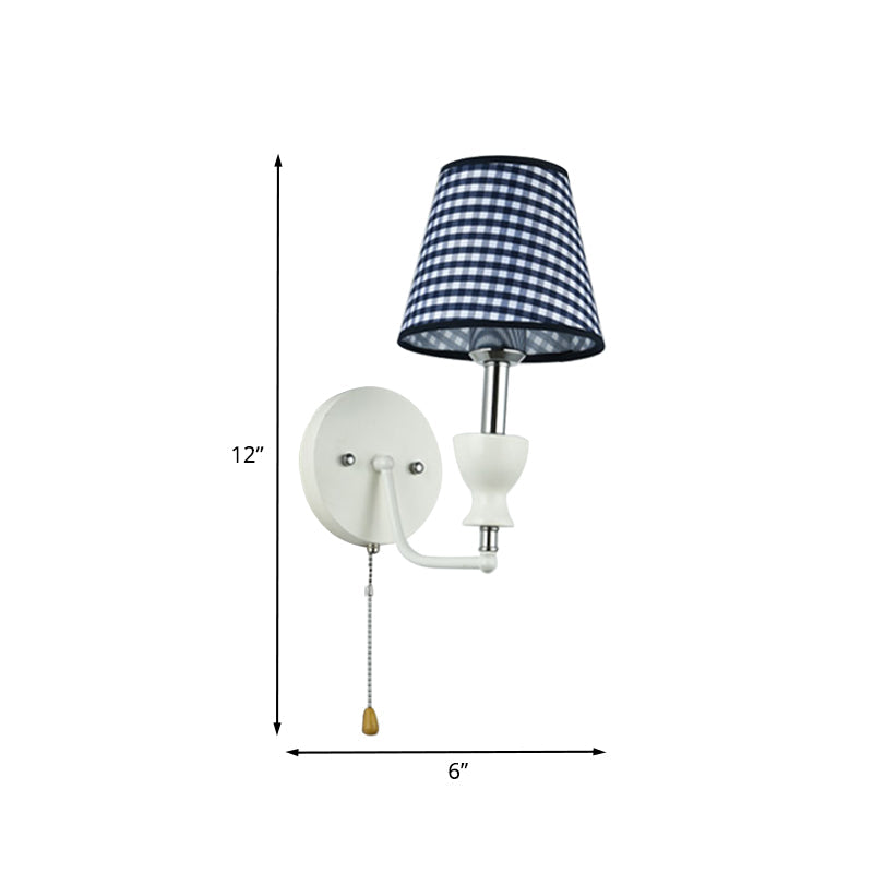 Skørter | Modernism Barrel Wall Light Fabric 1-Head Bedroom Wall Lamp in Dark Blue with Pull Chain