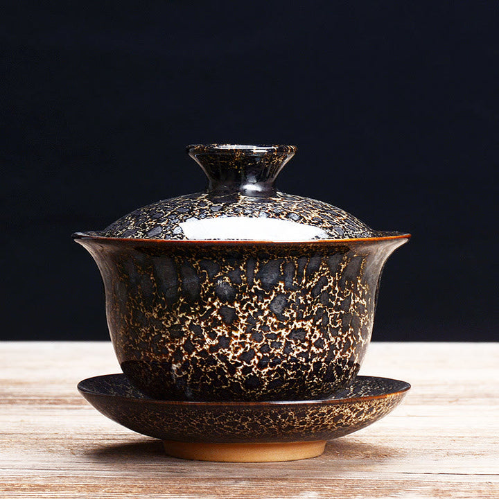 Lisslune | Vintage Kiln Ceramic Gaiwan Sancai Tea Cup Tea Cup and Saucer with Lid
