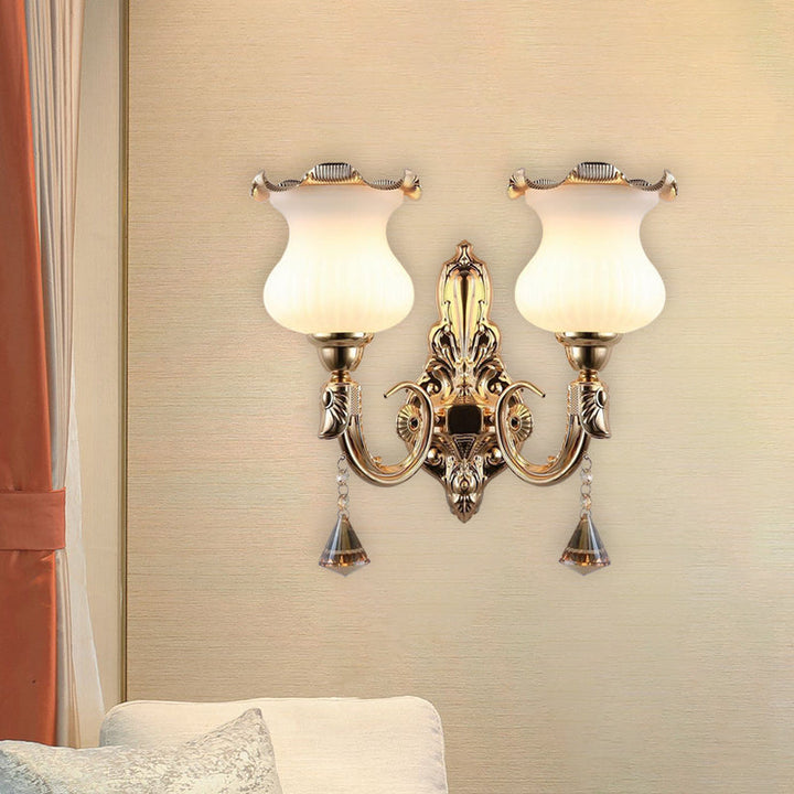 Skørter | Gourd Shape Bedside Wall Lamp Opal Glass 2 Lamps Mid Century Wall Mount Lamp in Gold