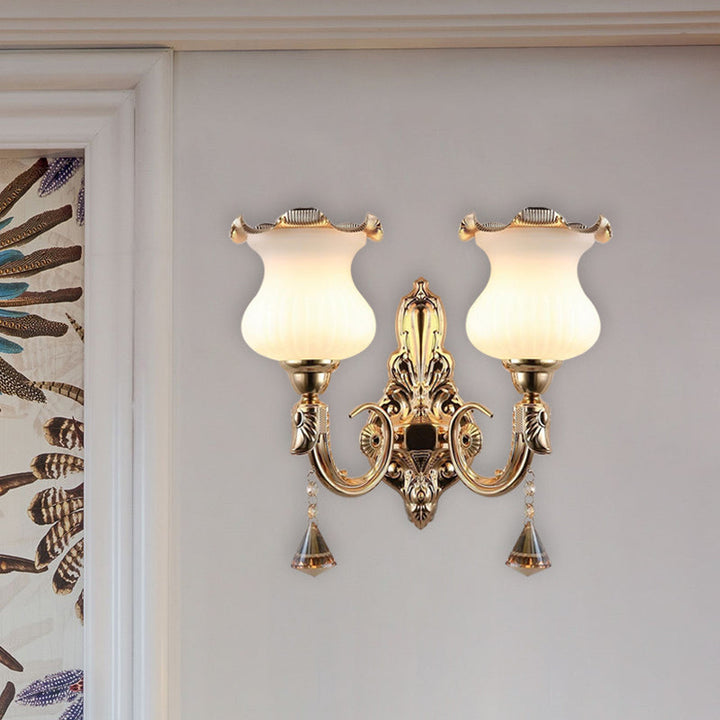 Skørter | Gourd Shape Bedside Wall Lamp Opal Glass 2 Lamps Mid Century Wall Mount Lamp in Gold
