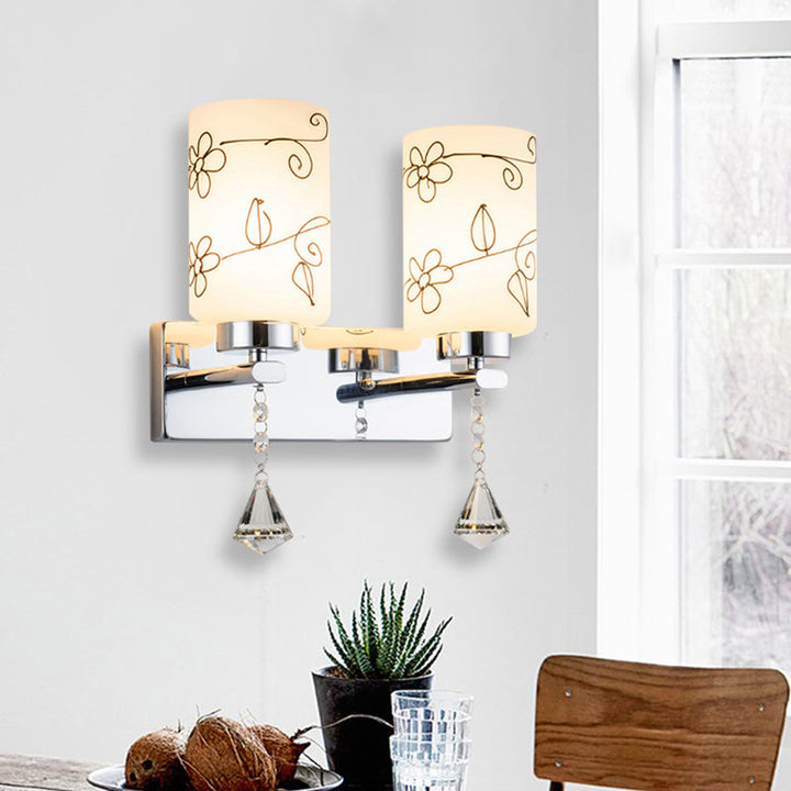 Lisslune | White Glass Cylinder Wall Lamp Modern 2 Bulbs Wall Mounted Lighting in Chrome with Flower Pattern