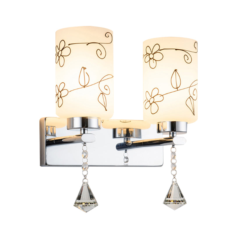 Lisslune | White Glass Cylinder Wall Lamp Modern 2 Bulbs Wall Mounted Lighting in Chrome with Flower Pattern