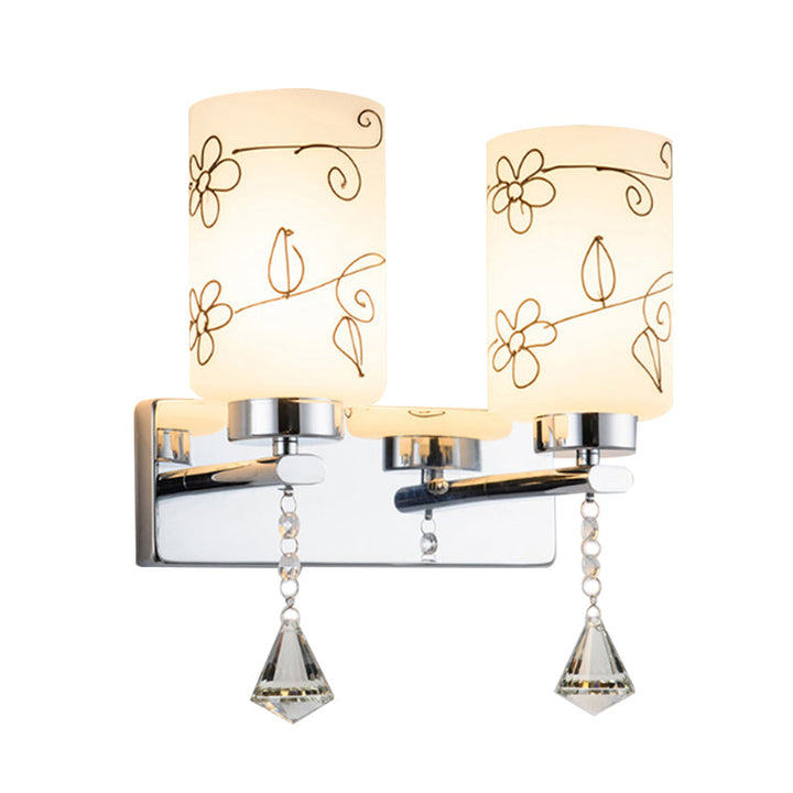 Lisslune | White Glass Cylinder Wall Lamp Modern 2 Bulbs Wall Mounted Lighting in Chrome with Flower Pattern