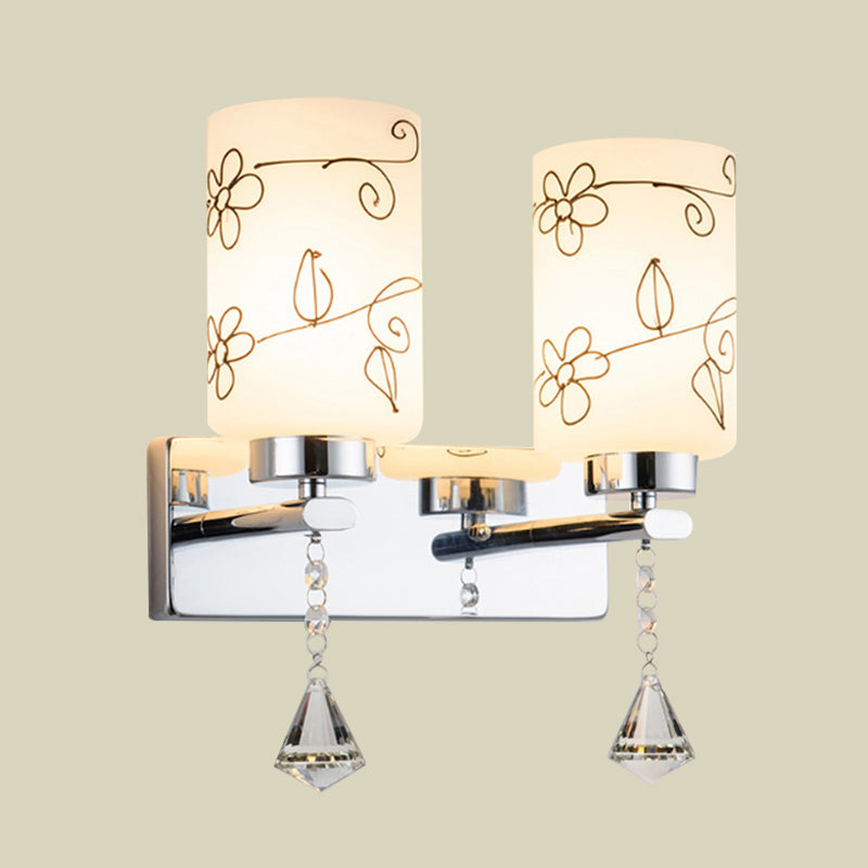 Lisslune | White Glass Cylinder Wall Lamp Modern 2 Bulbs Wall Mounted Lighting in Chrome with Flower Pattern