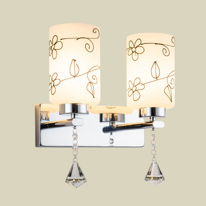 Lisslune | White Glass Cylinder Wall Lamp Modern 2 Bulbs Wall Mounted Lighting in Chrome with Flower Pattern