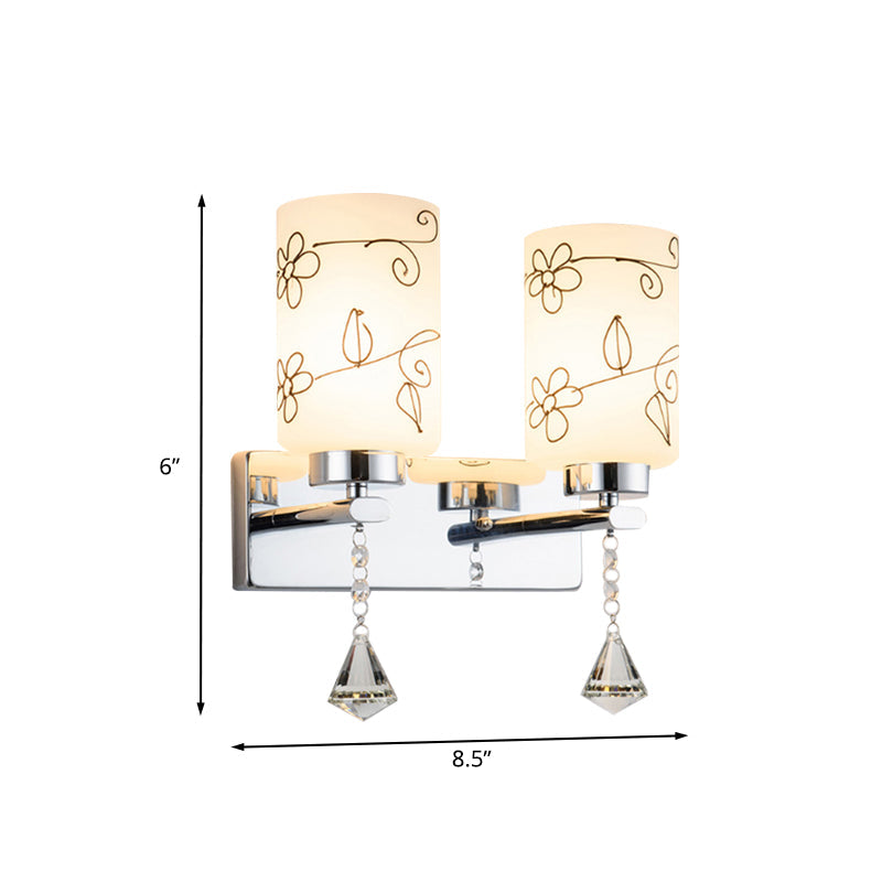Lisslune | White Glass Cylinder Wall Lamp Modern 2 Bulbs Wall Mounted Lighting in Chrome with Flower Pattern