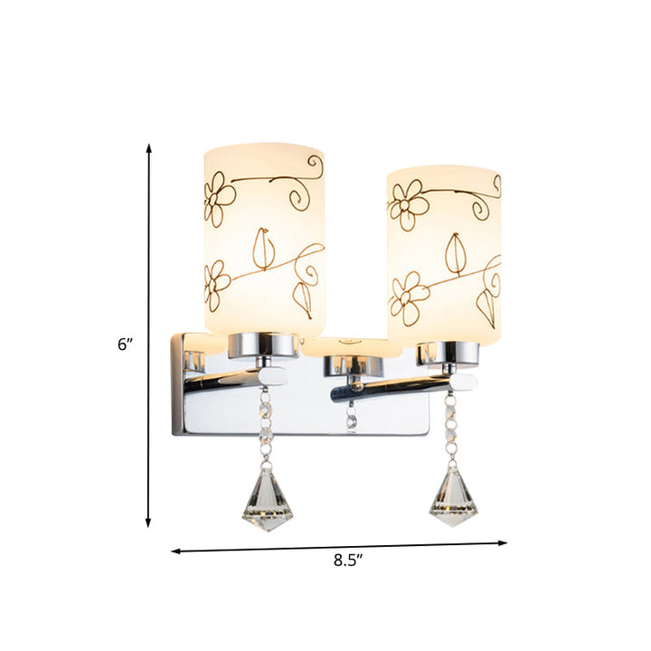 Lisslune | White Glass Cylinder Wall Lamp Modern 2 Bulbs Wall Mounted Lighting in Chrome with Flower Pattern