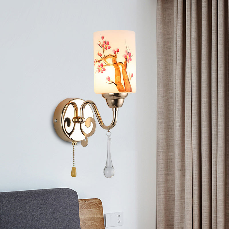 Lisslune | Gold Finish Cylindrical Wall Light Idea Modern 1/2-Head Painted Cream Glass Wall Lamp with Pull Chain